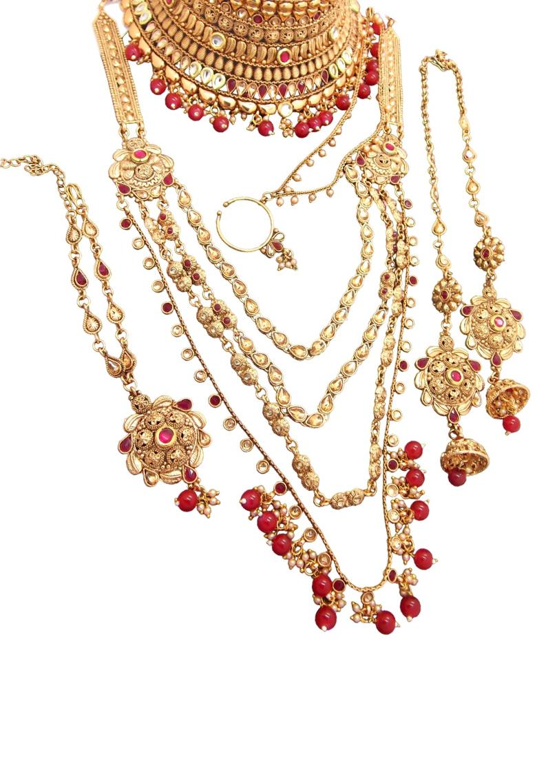 Gold Plated Heavy Bridal Ruby Necklace Set - Indya