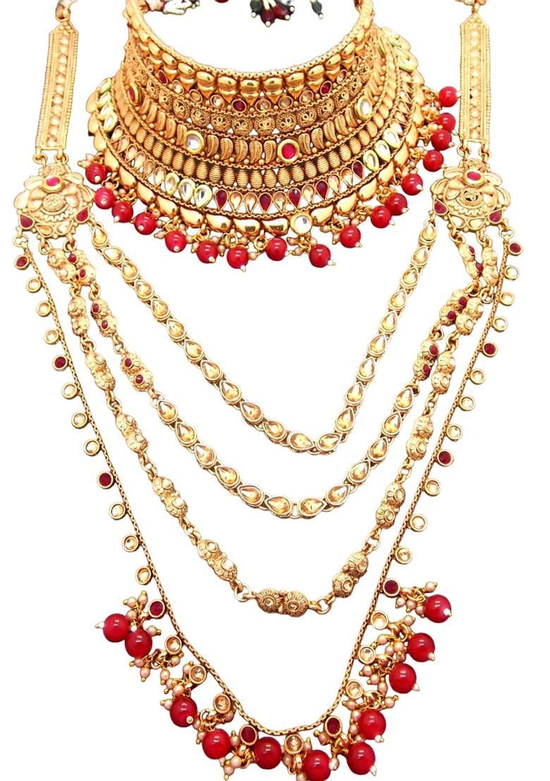 Gold Plated Heavy Bridal Ruby Necklace Set - Indya