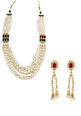 Multistrand Red And Green Pearl Long Necklace Set