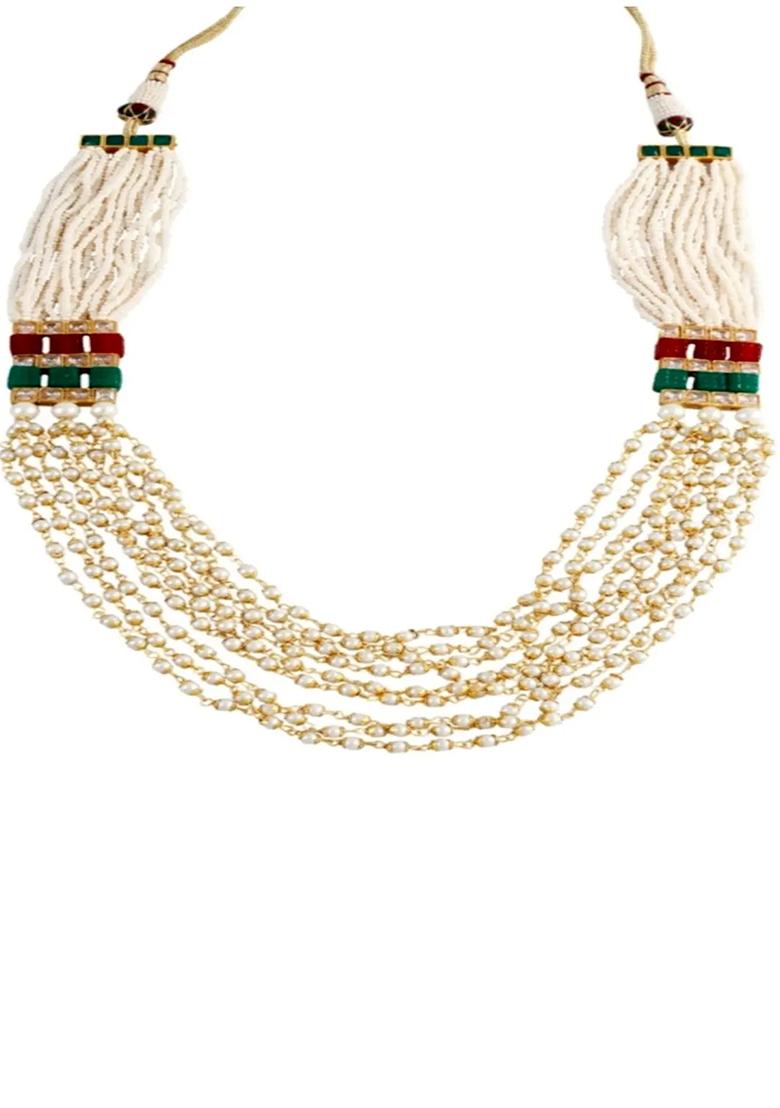 Multistrand Red And Green Pearl Long Necklace Set