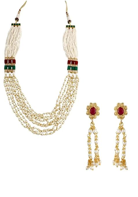 Multistrand Red And Green Pearl Long Necklace Set