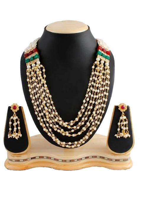 Multistrand Red And Green Pearl Long Necklace Set