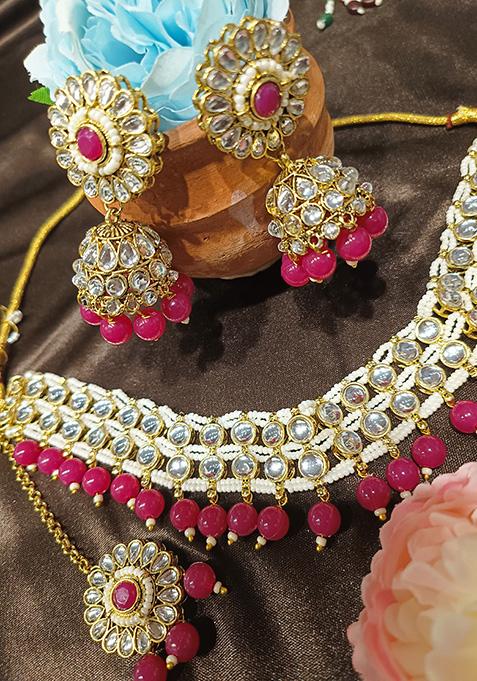 Pink Kundan Bead Studded Choker Set