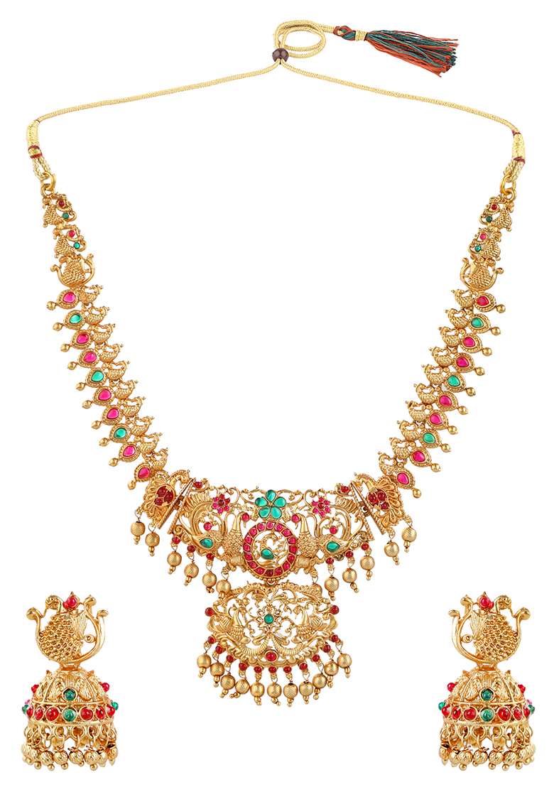 Gold Plated Peacock Design Kundan Embellished Necklace Set - Indya