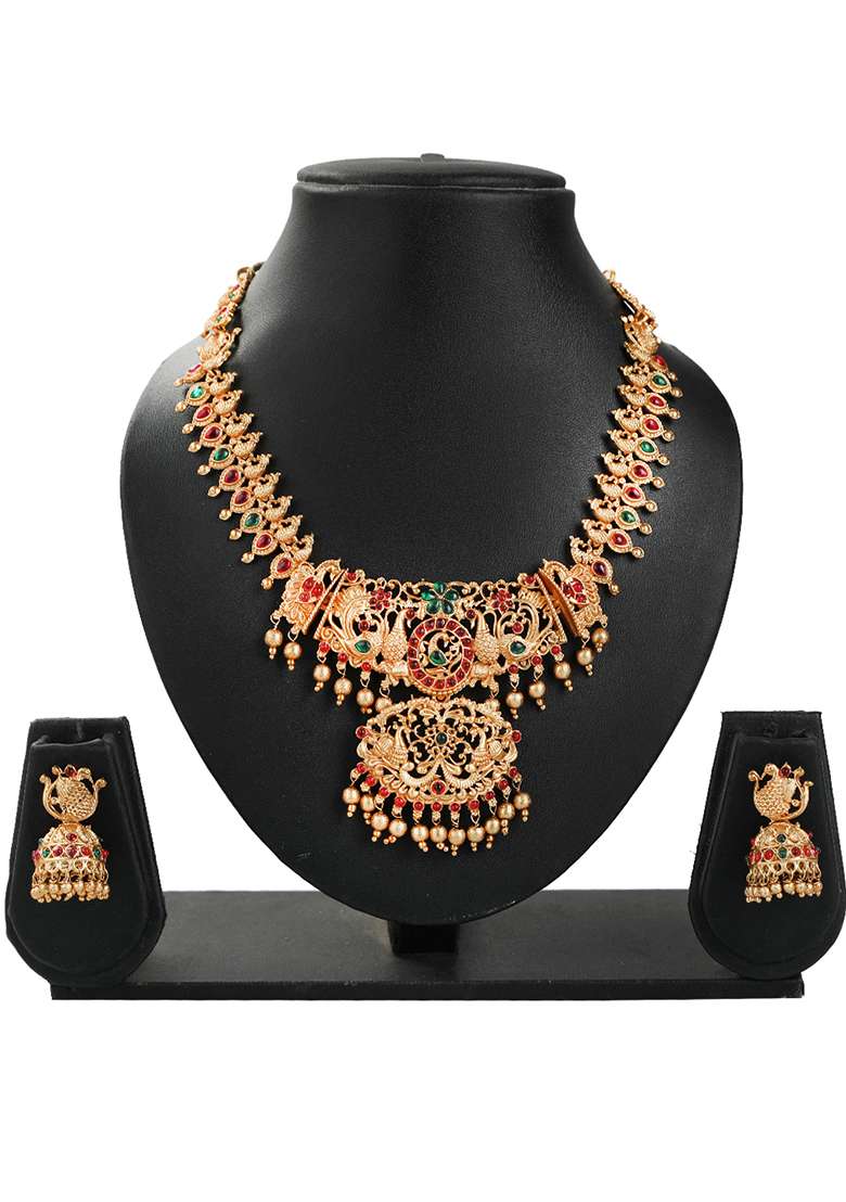 Gold Plated Peacock Design Kundan Embellished Necklace Set - Indya