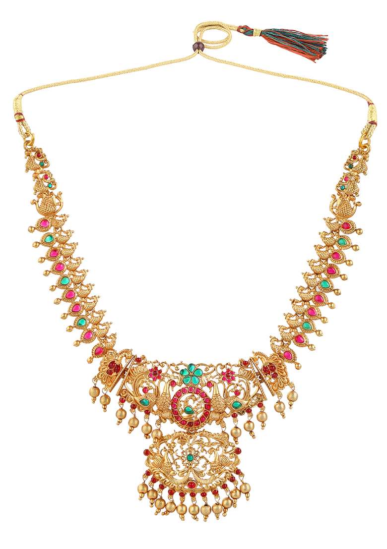 Gold Plated Peacock Design Kundan Embellished Necklace Set - Indya