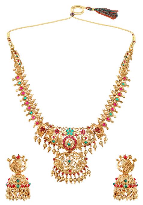 Gold Plated Peacock Design Kundan Embellished Necklace Set