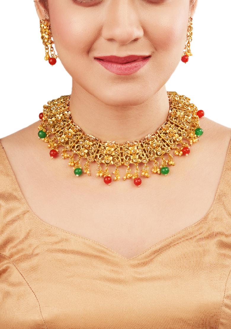 Gold Plated Stone Studded Choker Set