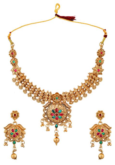 Gold Plated Red And Green Kundan Choker Set