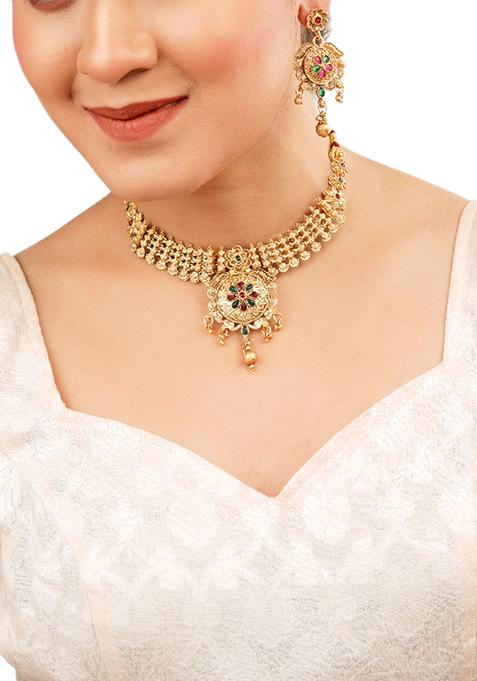 Gold Plated Red And Green Kundan Choker Set