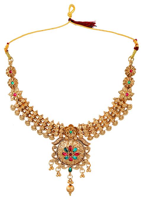 Gold Plated Red And Green Kundan Choker Set