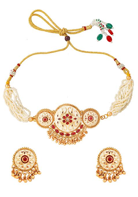 Gold Plated Multilayered White Bead Meenakari Choker Set