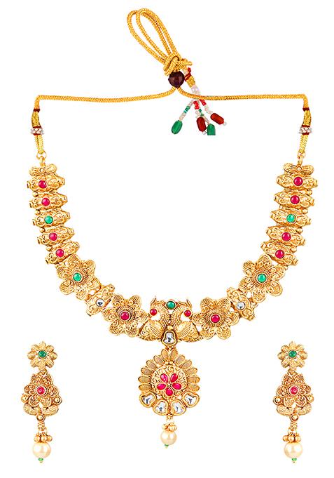 Gold Plated Kundan Floral Necklace Set