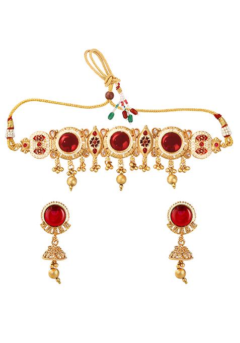 Gold Plated Maroon Stone Studded Choker Set