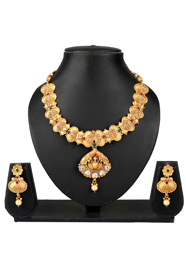 Gold Plated Heart Shaped Kundan Necklace Set - Indya