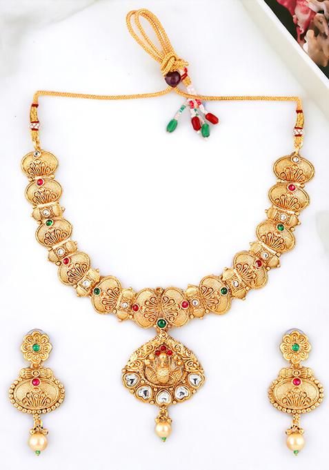 Gold Plated Heart Shaped Kundan Necklace Set