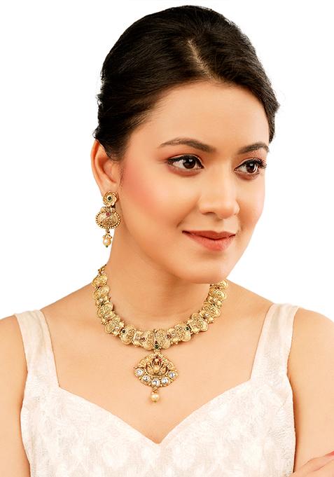 Gold Plated Heart Shaped Kundan Necklace Set