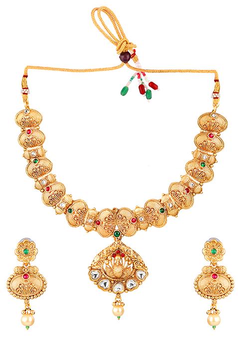 Gold Plated Heart Shaped Kundan Necklace Set