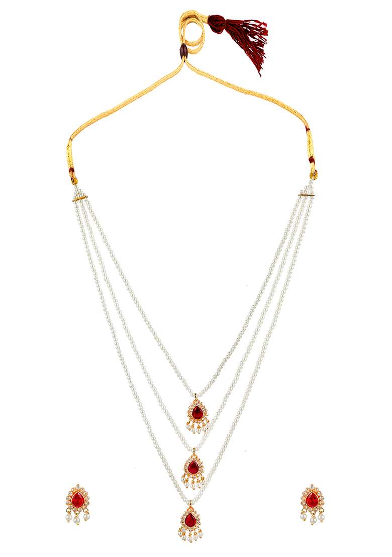 Triple Layered Bead Adorned Red Gemstones Necklace Set - Indya