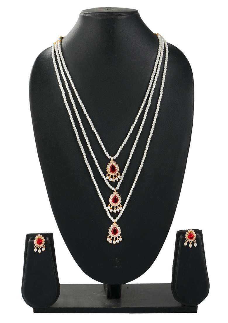 Triple Layered Bead Adorned Red Gemstones Necklace Set - Indya
