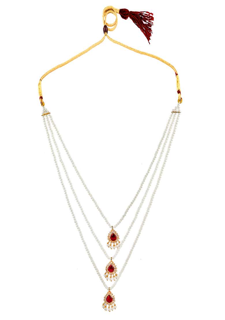 Triple Layered Bead Adorned Red Gemstones Necklace Set - Indya