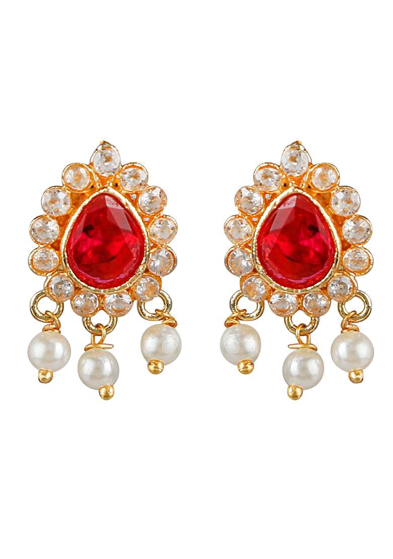 Triple Layered Bead Adorned Red Gemstones Necklace Set - Indya