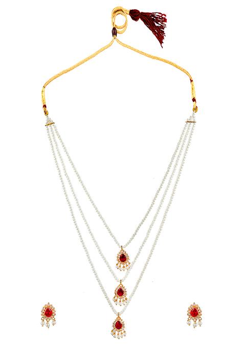 Triple Layered Bead Adorned Red Gemstones Necklace Set