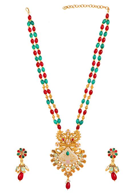 Gold Plated Dual Layer Meenakari Necklace Set