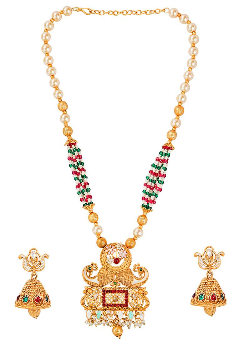 Gold Plated Rajwadi Peacock Design Necklace Set - Indya