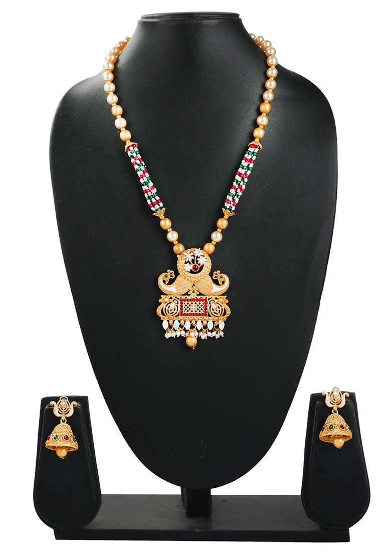 Gold Plated Rajwadi Peacock Design Necklace Set - Indya