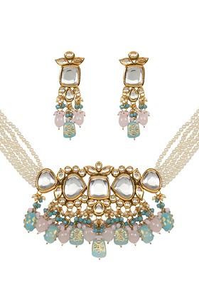 Pastel Blue And Pink Bead Handcrafted Kundan Necklace And Earrings Set