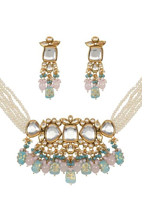 Pastel Blue And Pink Bead Handcrafted Kundan Necklace And Earrings Set