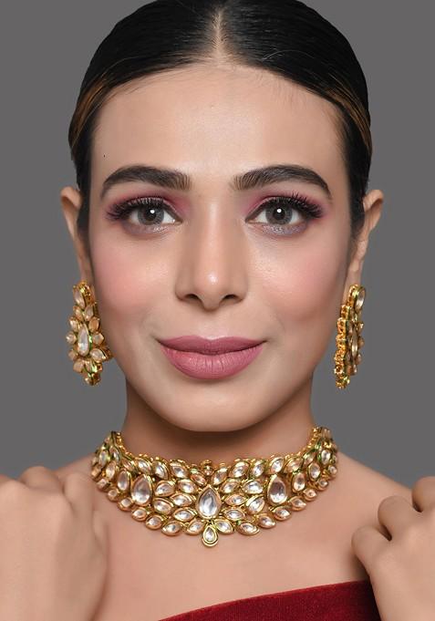 Gold Tone Kundan Necklace And Earrings Set