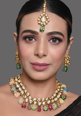 Gold Tone Multicolor Bead Kundan Necklace And Earrings Set With Mangtika