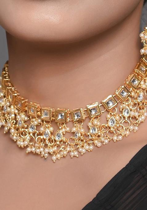 Gold Tone Kundan Necklace And Earrings Set