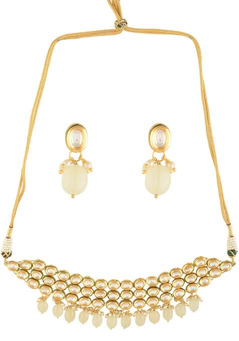 Ivory Bead Handcrafted Kundan Choker Necklace And Earrings Set