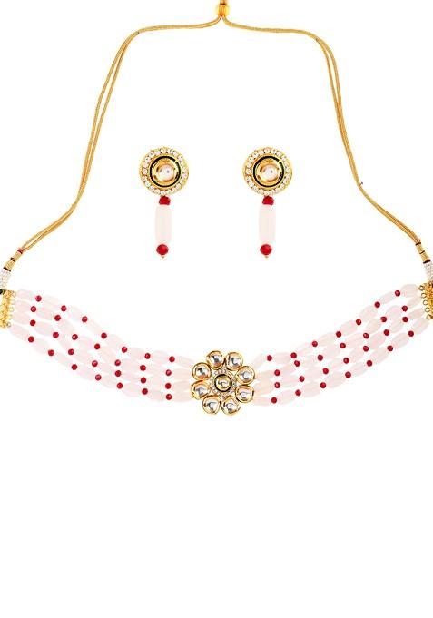 Pink And Maroon Bead Gold Tone Kundan Choker Necklace And Earrings Set