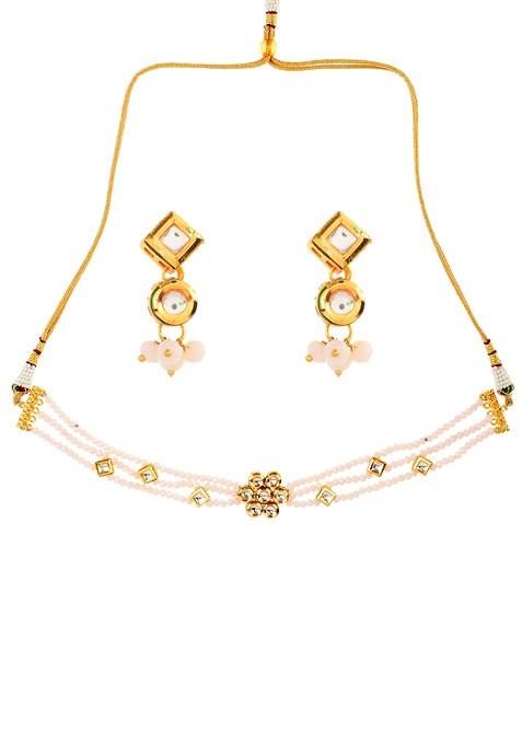 White Gold Tone Kundan Onyx Choker Necklace And Earrings Set