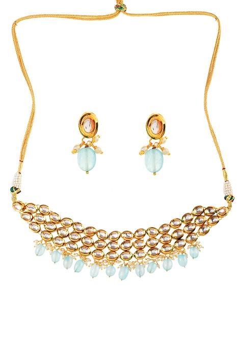 Blue Gold Tone Kundan Bead Choker Necklace And Earrings Set