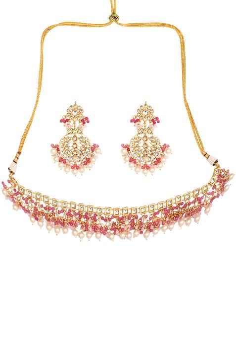 Pink Bead Gold Tone Kundan Necklace And Earrings Set With Maangtika