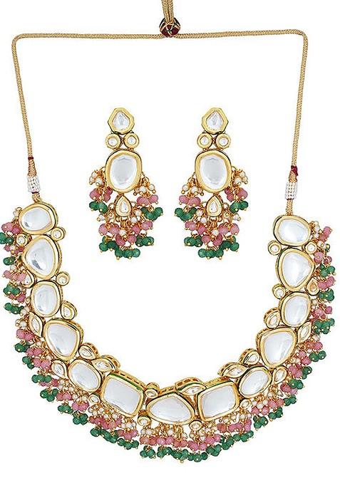 Pink And Green Gold Tone Kundan Necklace And Earrings Set