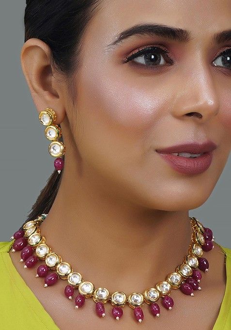 Maroon Gold Tone Kundan Necklace And Earrings Set