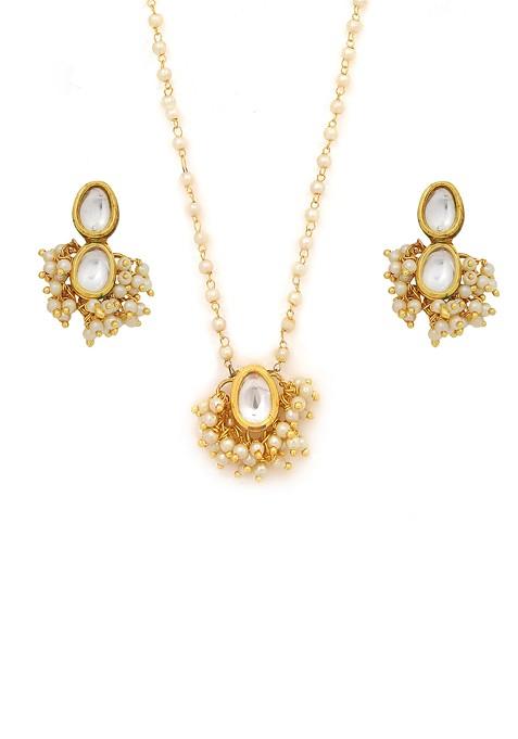 White Gold Tone Kundan Drop Necklace And Earrings Set