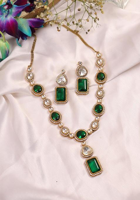 Emerald Gold Tone Moissanite Polki Necklace Set