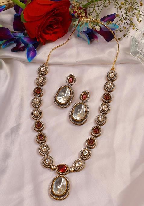 Gold Plated Ruby Pink Moissanite Polki Necklace Set