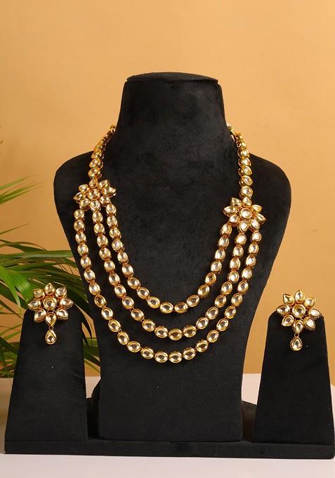 White Two Layered Kundan Floral Embossed Necklace Set