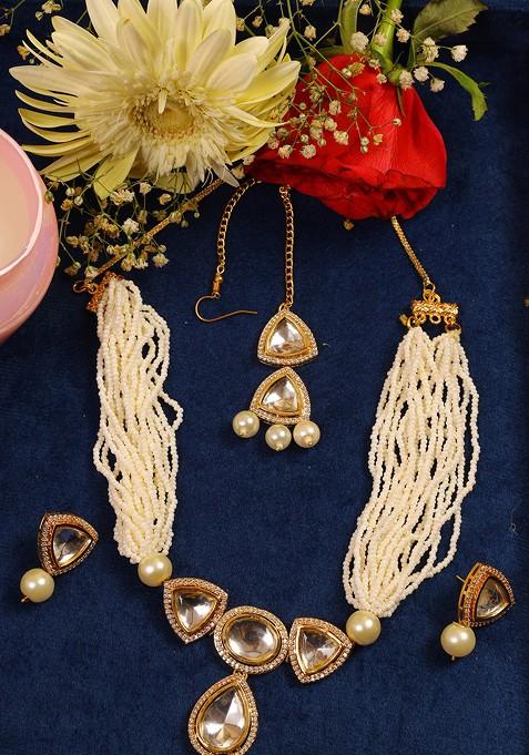 White Gold Tone Pearl Bead Kundan Polki Necklace And Earrings Set With Maangtika