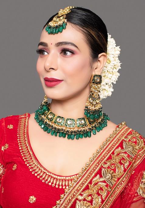 Green Gold Tone Kundan Enameled Necklace And Earrings Set With Maangtika