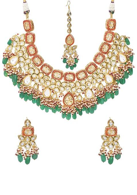 Green And Red Handcrafted Kundan Necklace And Earrings With Maangtika