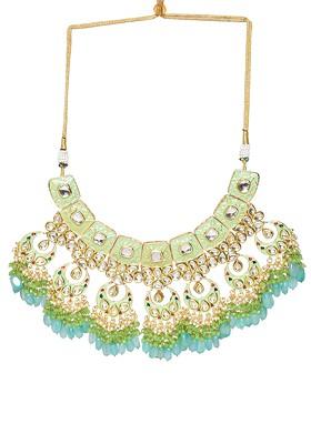 Green Enameled Kundan Maharani Necklace And Earrings Set And Maangtikka